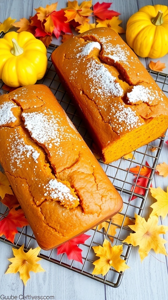 Two loaves of moist pumpkin bread cooling on a rack, surrounded by autumn decorations.